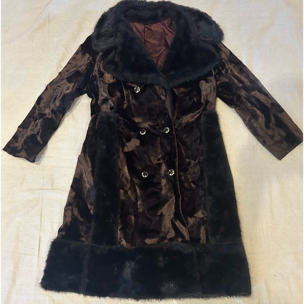 Vintage 60s crushed velvet fur trimmed coat brown Womens medium fabulous